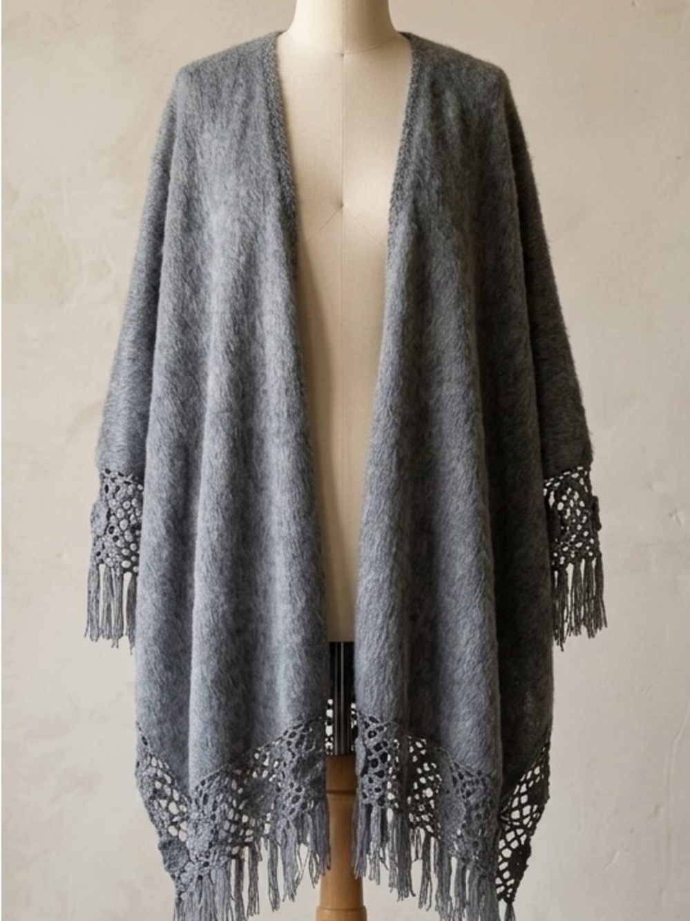 Alpaca Camargo Gray Open Front Embroidered Peruvian Wool Cloak Cape Rose Design